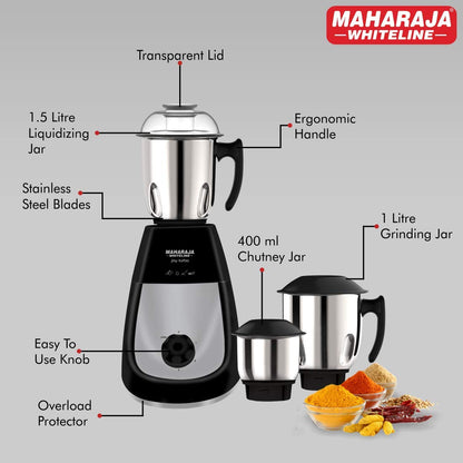 Maharaja Whiteline Joy Turbo Mixer Grinder, 750W, 3 Jars