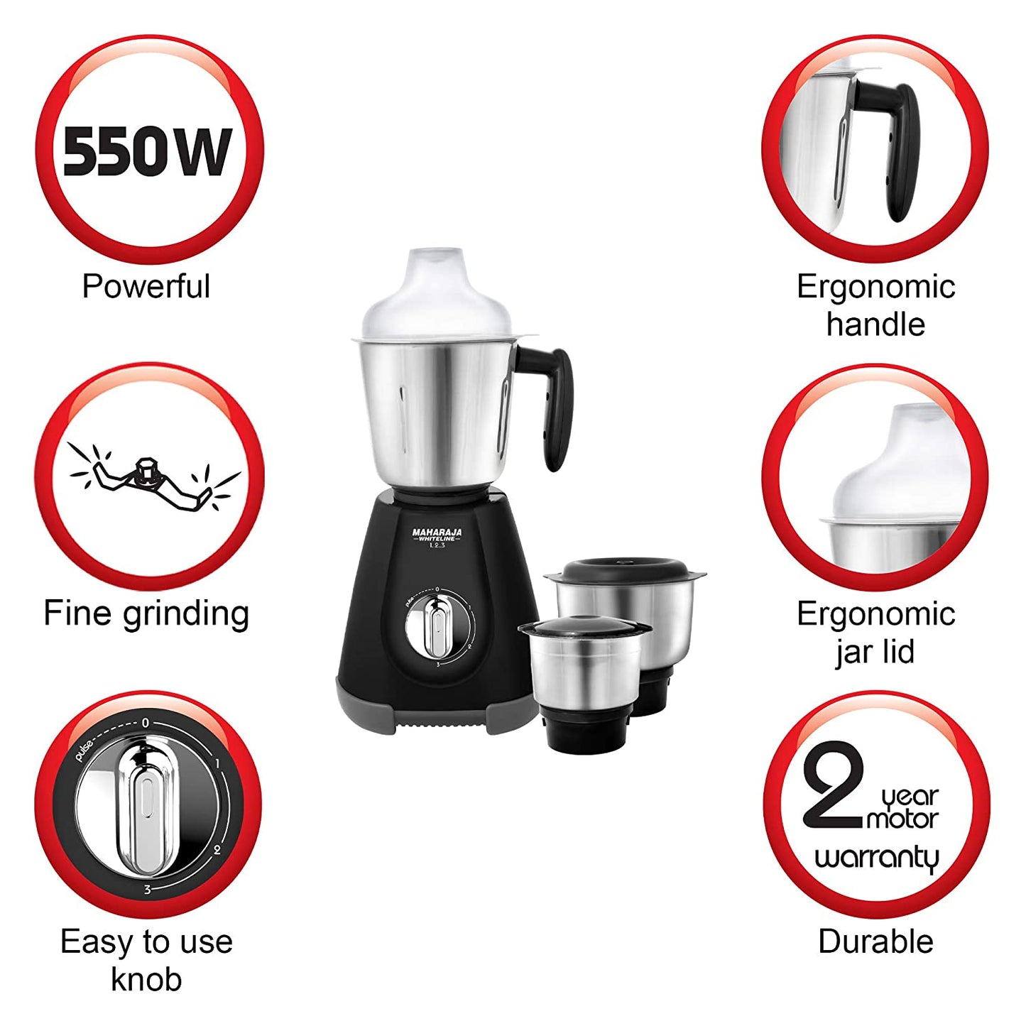 Maharaja Whiteline 1..2..3 MX-194 500 Watts Mixer Grinder (Black, 3 Jars)