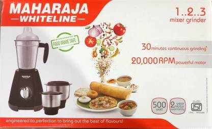 Maharaja Whiteline 1..2..3 MX-194 500 Watts Mixer Grinder (Black, 3 Jars)