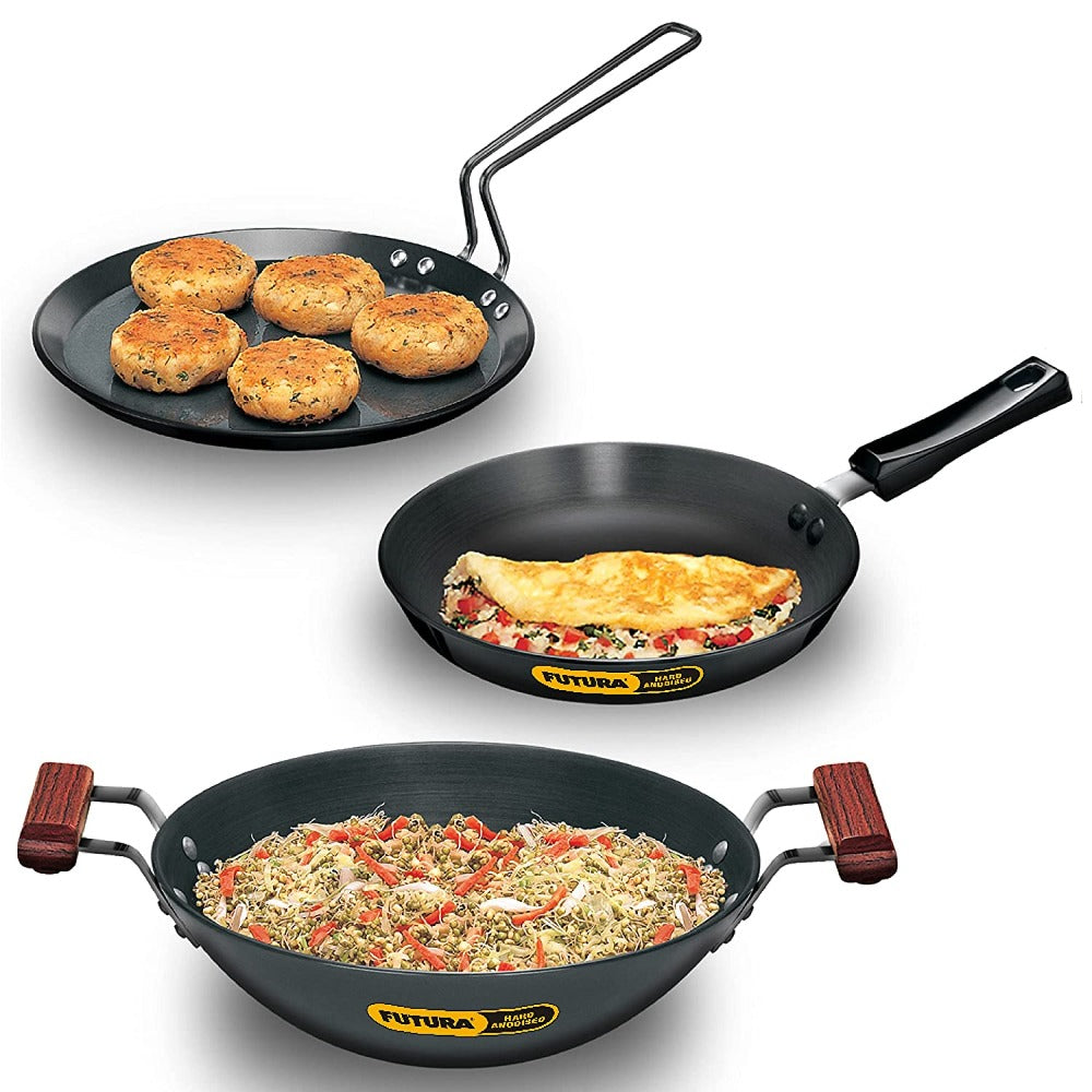 Hawkins Futura Hard Anodised Cookware Set - Flat Tava + Frying Pan + Kadhai - 1