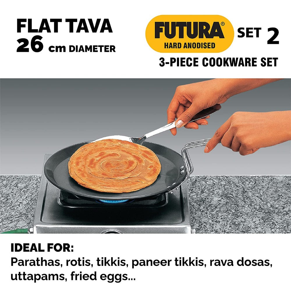 Hawkins Futura Hard Anodised Cookware Set - Flat Tava + Frying Pan + Kadhai - 2