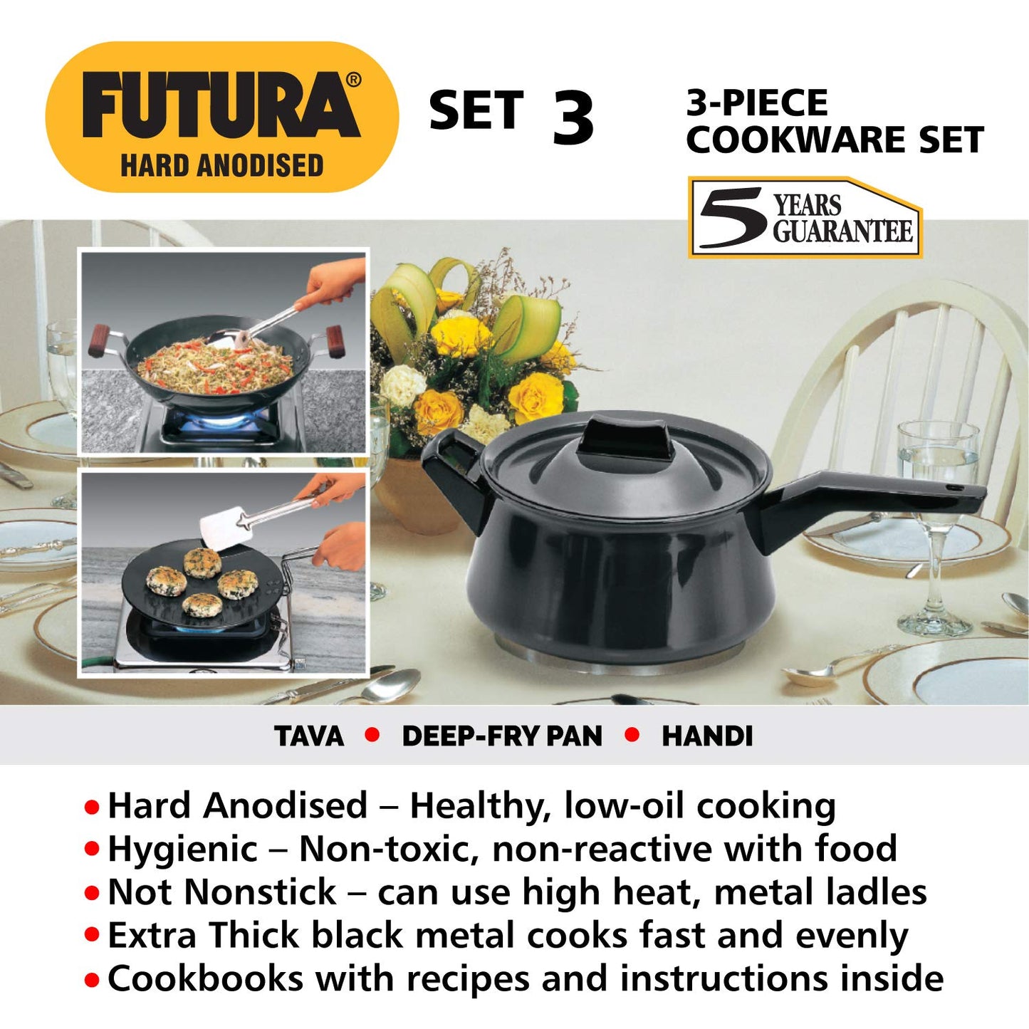 Hawkins Futura Hard Anodised Cookware Set - Tava + Kadhai with Stainless Steel Lid + Handi Saucepan with Lid | Black | Set of 3 Pcs