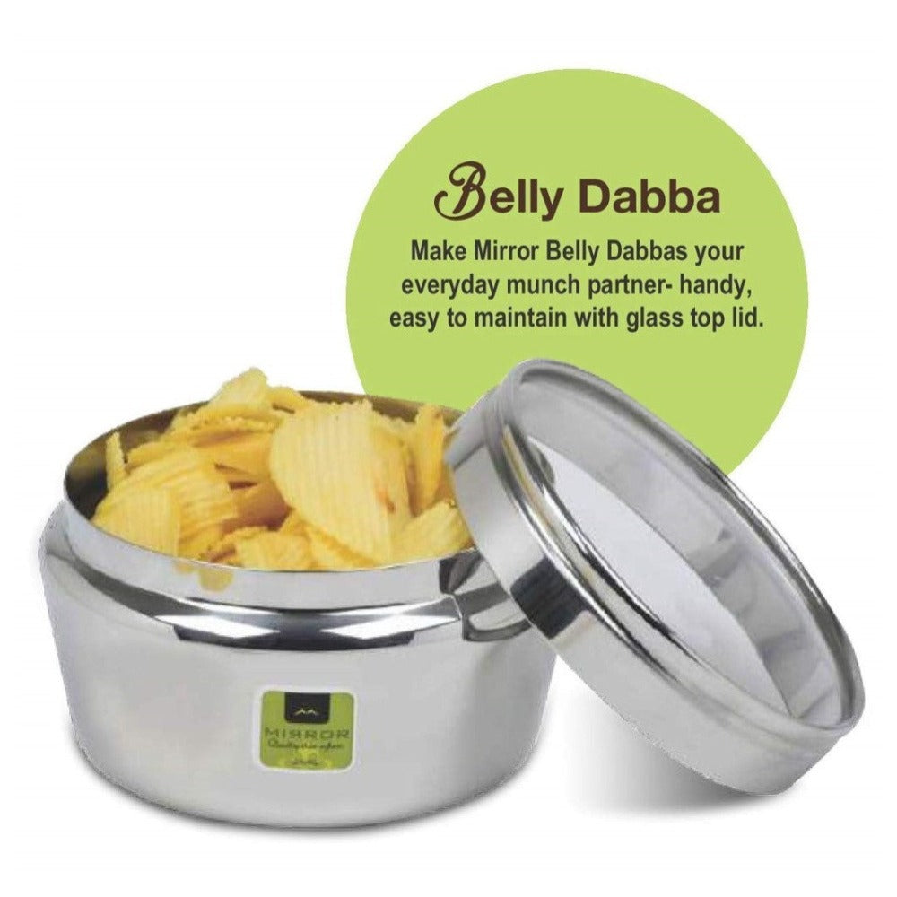 Mirror Stainless Steel Belly Dabba with See Through Glass Lid - 2