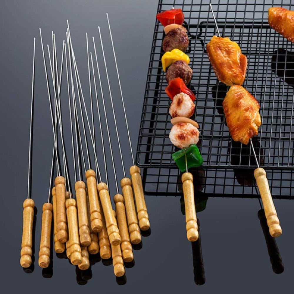 Barbecue 12 Inch Stainless Steel Skewers with Wooden Handle for BBQ Tandoor - 2