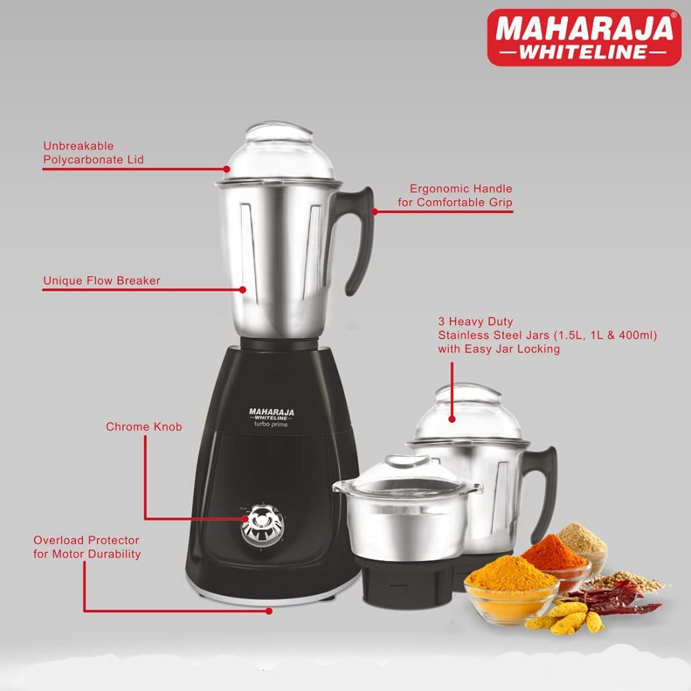 Maharaja Whiteline Turbo Prime Elite 750 Watt Mixer Grinder with 3 Jars - 7