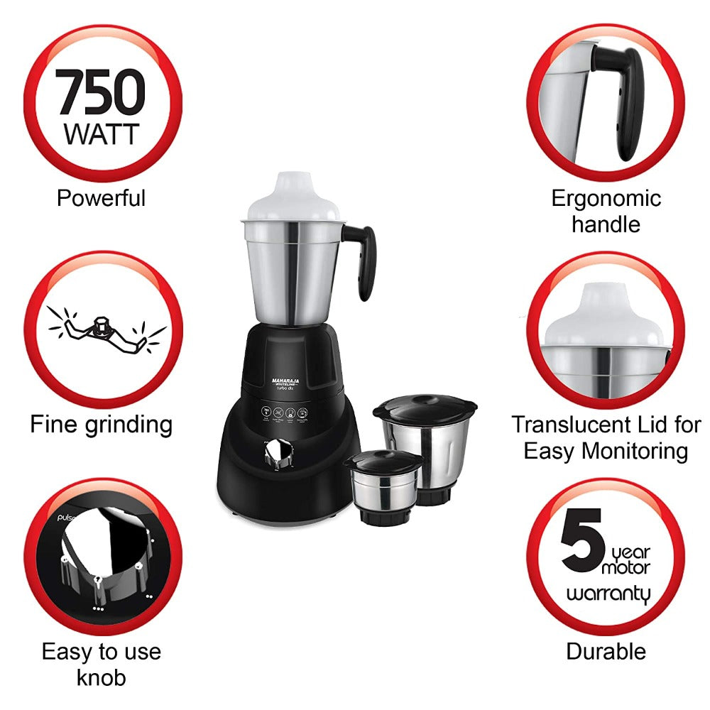 Maharaja Whiteline Turbo Dlx 750 Watts Mixer Grinder with 3 Jars - 7