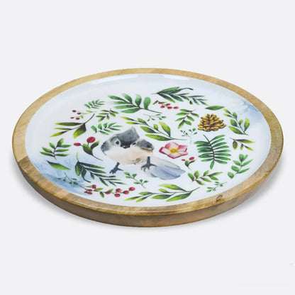 Softel Wooden Leafy Titmouse Round Serving Platter - 5