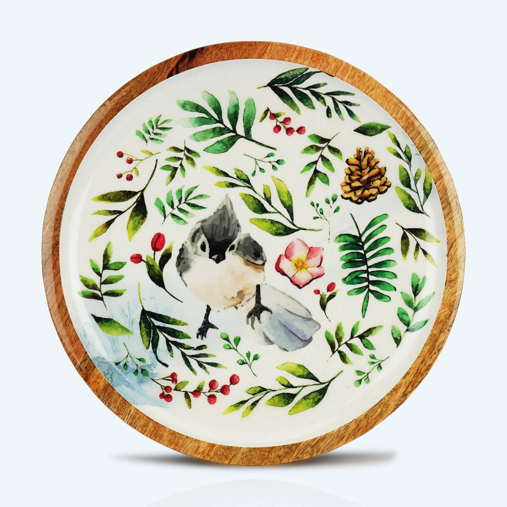 Softel Wooden Leafy Titmouse Round Serving Platter - 1