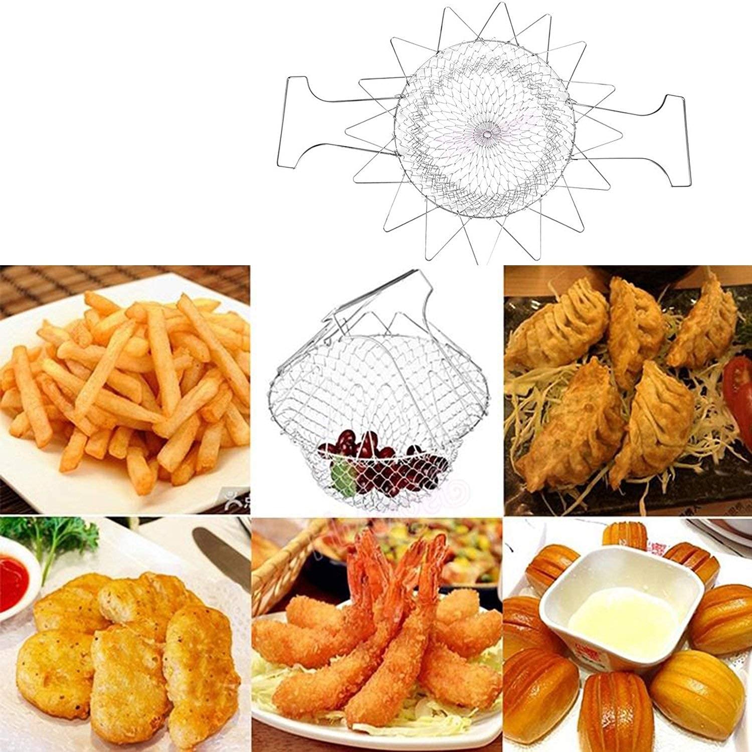 Stainless Steel Foldable Chef Basket | Multi-functional | Boiling Deep Frying | Fruit Vegetable Rinsing