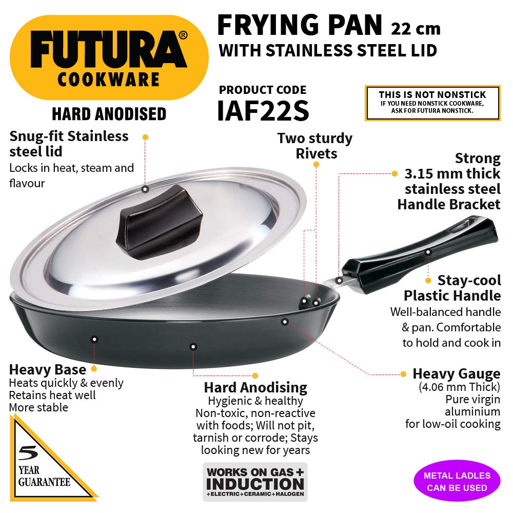 Hawkins Futura Hard Anodised Fry Pan with Stainless Steel Lid | Gas & Induction Compatible | Black